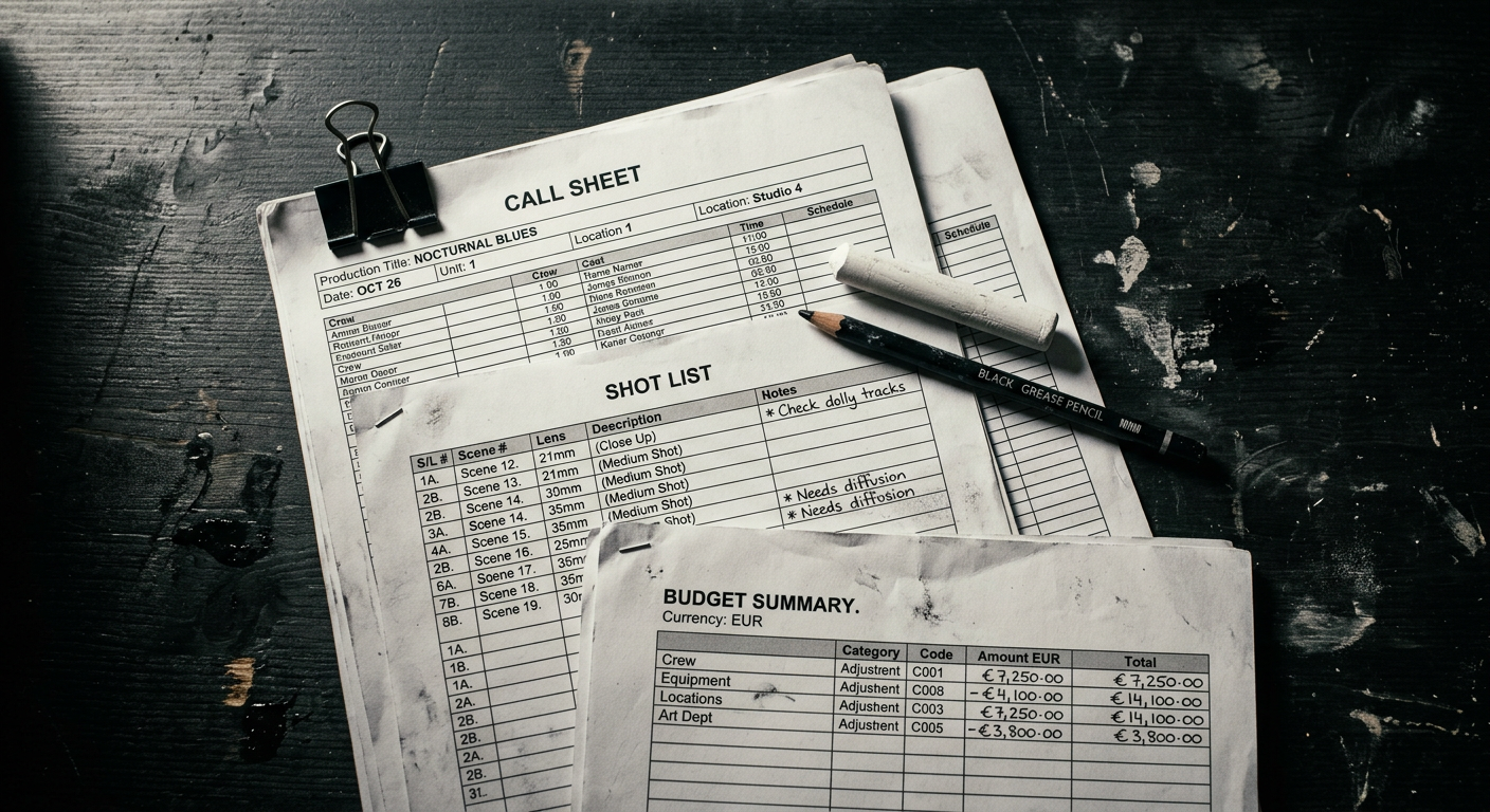 Pile de documents de préparation de tournage : feuille de service, shot list et budget, tenus par une pince à dessin sur un bureau de plateau